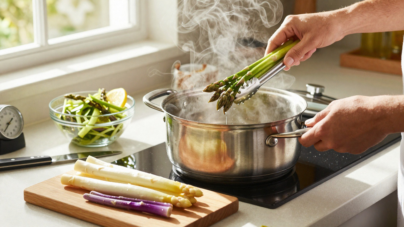 Pessoa cozinhando aspargos em panela com vapor na cozinha moderna, com aspargos variados na bancada.