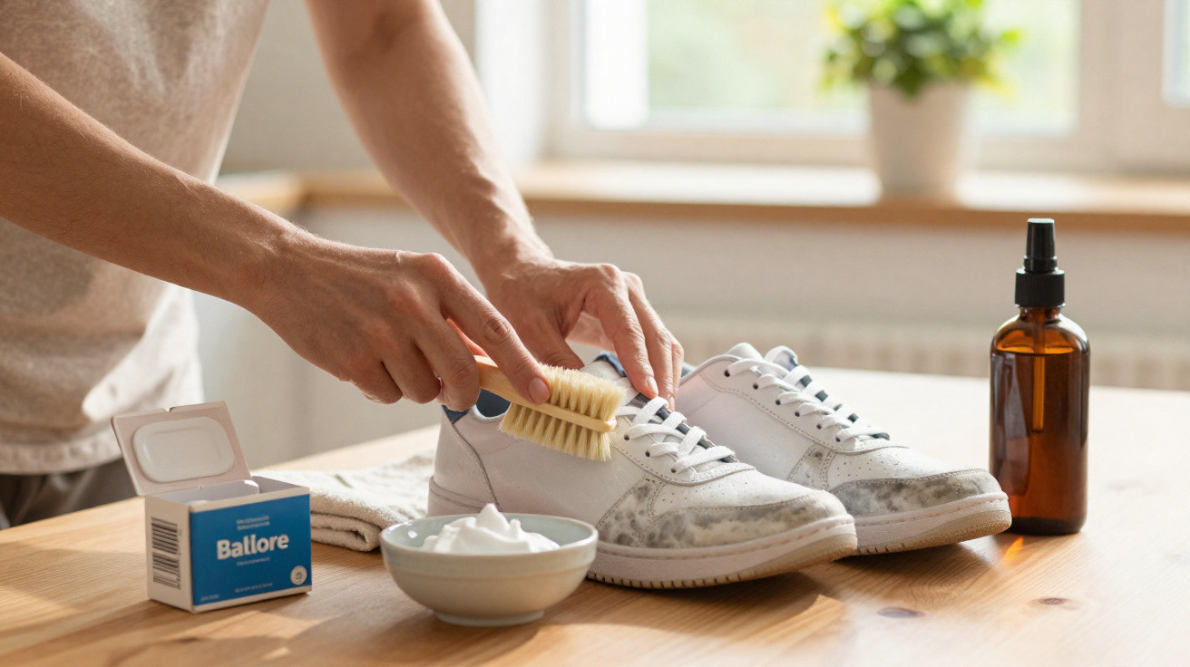 Pessoa limpando tênis branco com escova, espuma e produtos de limpeza em mesa de madeira.