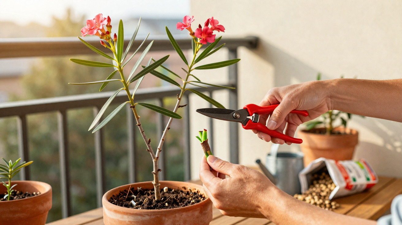 Pessoa aparando muda de planta com flores cor-de-rosa em vaso de barro num terraço ensolarado.
