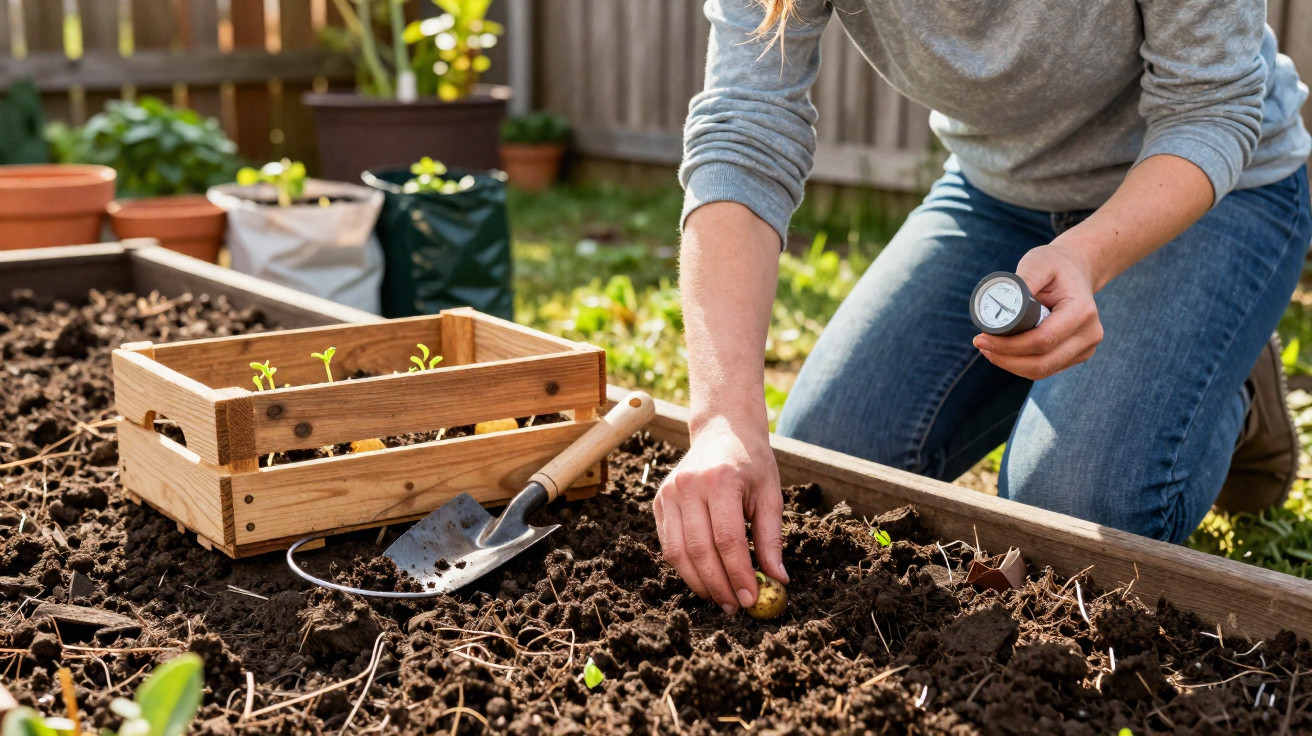 Pessoa plantando batata em canteiro de terra com ferramentas e caixa de madeira ao lado.