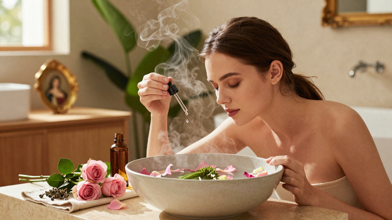 Mulher aplicando gotas de óleo essencial em água aromática com pétalas de rosa em ambiente relaxante.