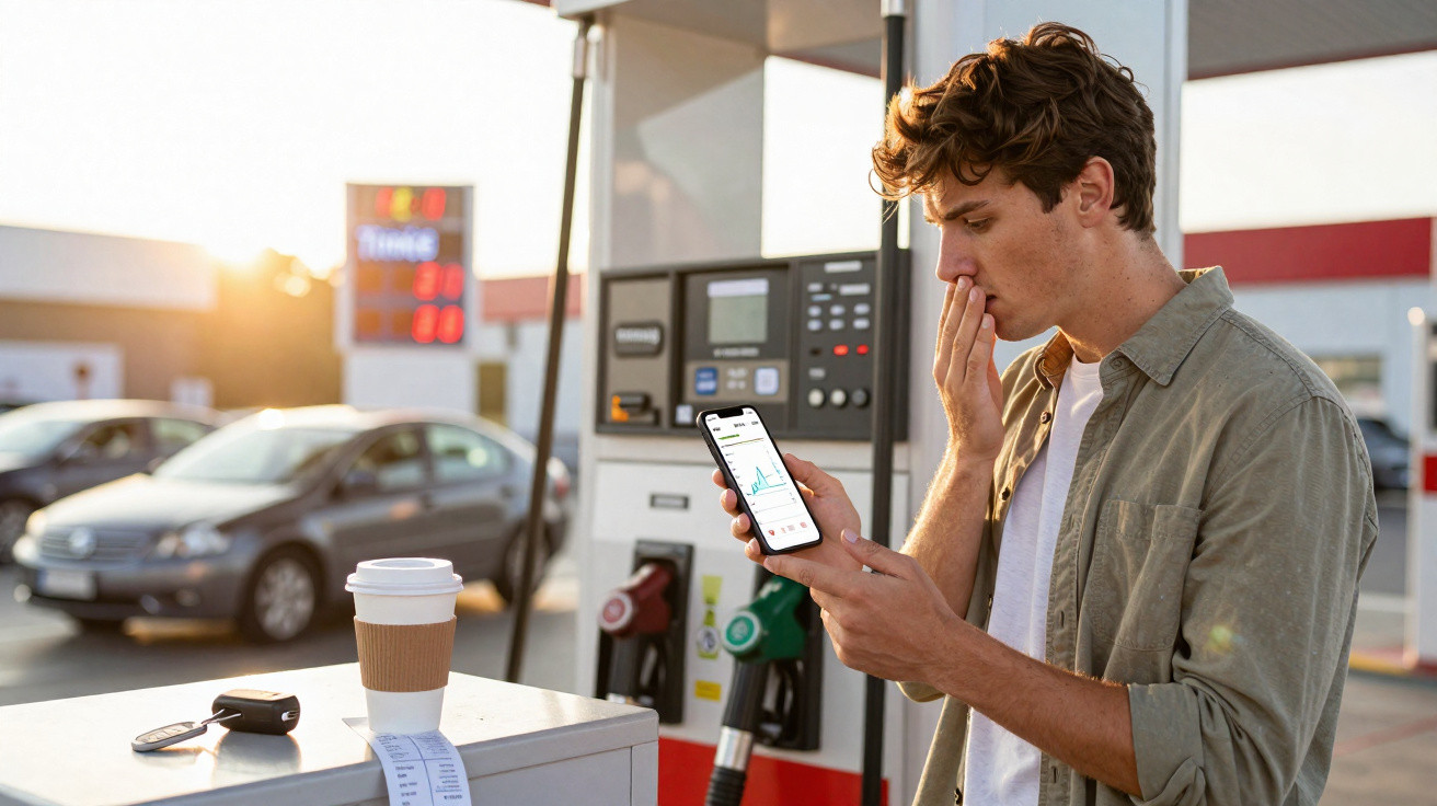 Homem em posto de gasolina olhando preocupado para celular com dados, ao lado de copo de café e recibo.