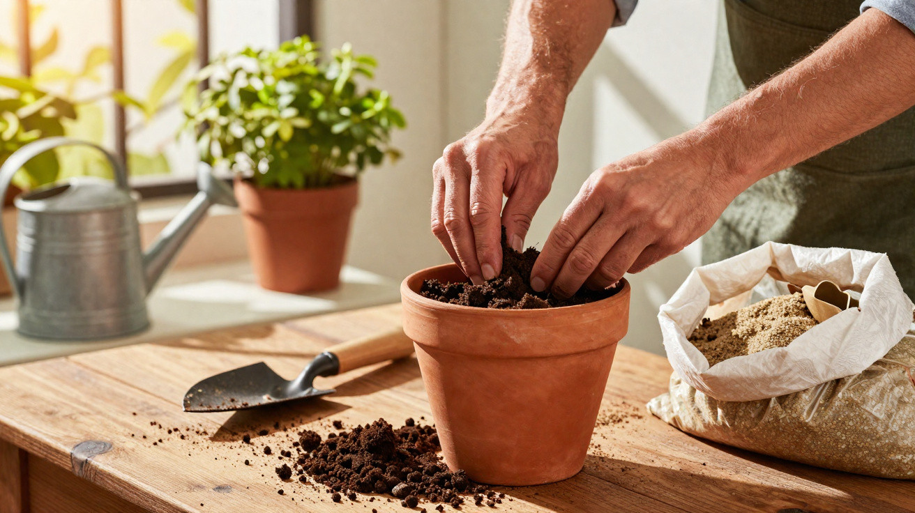 Mãos plantando sementes em vaso de barro com terra, ao lado de saco de substrato e regador em mesa de madeira.