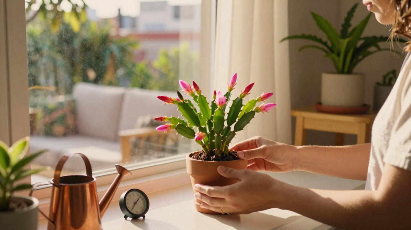 Pessoa cuidando de cacto com flores cor-de-rosa perto de janela com regador e despertador.