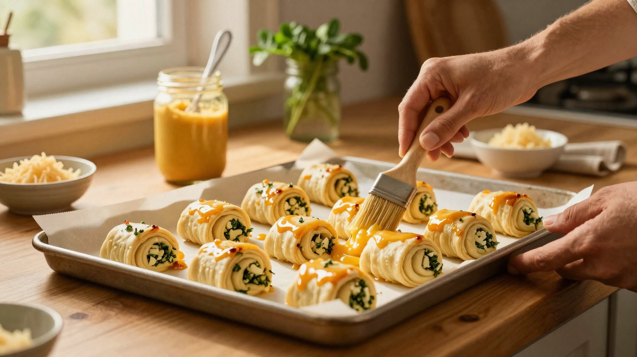 Mãos untando rolinhos de massa com recheio de espinafre e queijo em forma retangular na cozinha.