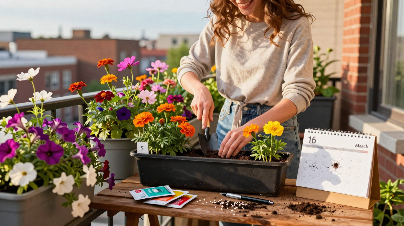 Mulher cuidando de plantas em vasos coloridos em varanda ensolarada com calendário na mesa.