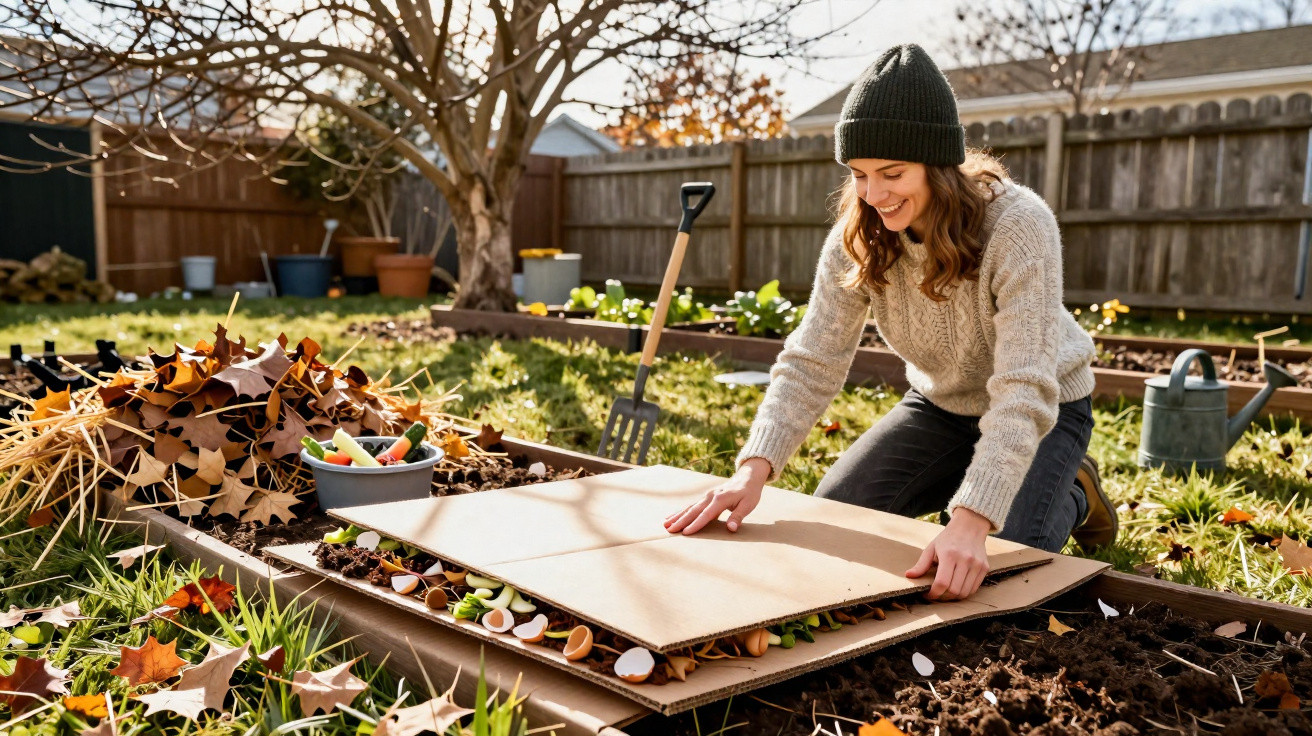 Mulher usando suéter e gorro cobre canteiro de jardim com papelão para compostagem no outono.