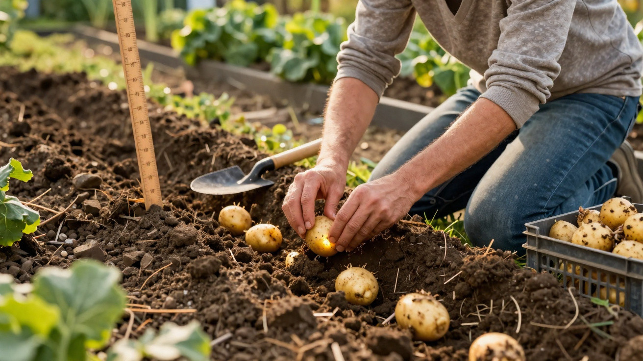 Pessoa colhendo batatas em terreno agrícola com caixa e regador ao fundo.