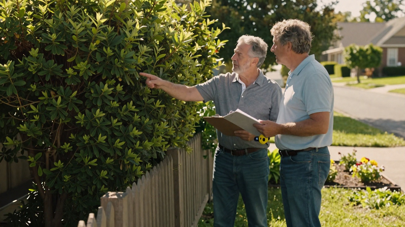 Dois homens conversando e inspecionando uma planta ao lado de uma cerca em área residencial ensolarada.