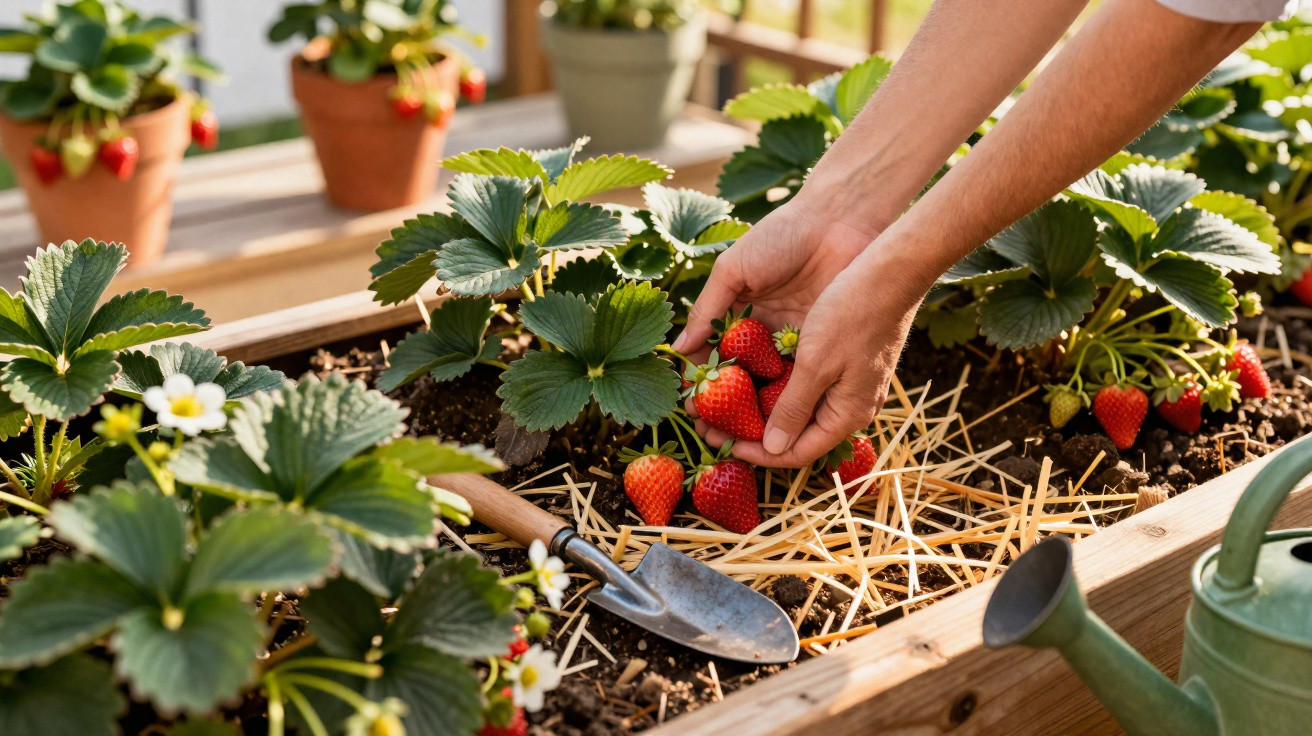 Pessoas colhendo morangos maduros em uma horta suspensa com ferramentas de jardinagem ao redor.