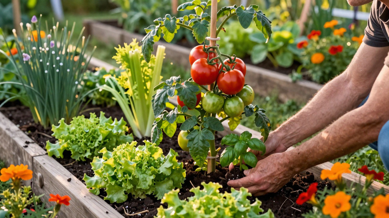 Pessoa cultivando tomateiros com tomate verde e maduro em horta com alface e flores coloridas.