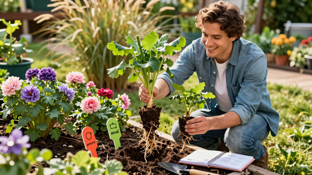 Homem sorridente plantando mudas de hortaliças em canteiro de jardim florido ensolarado.