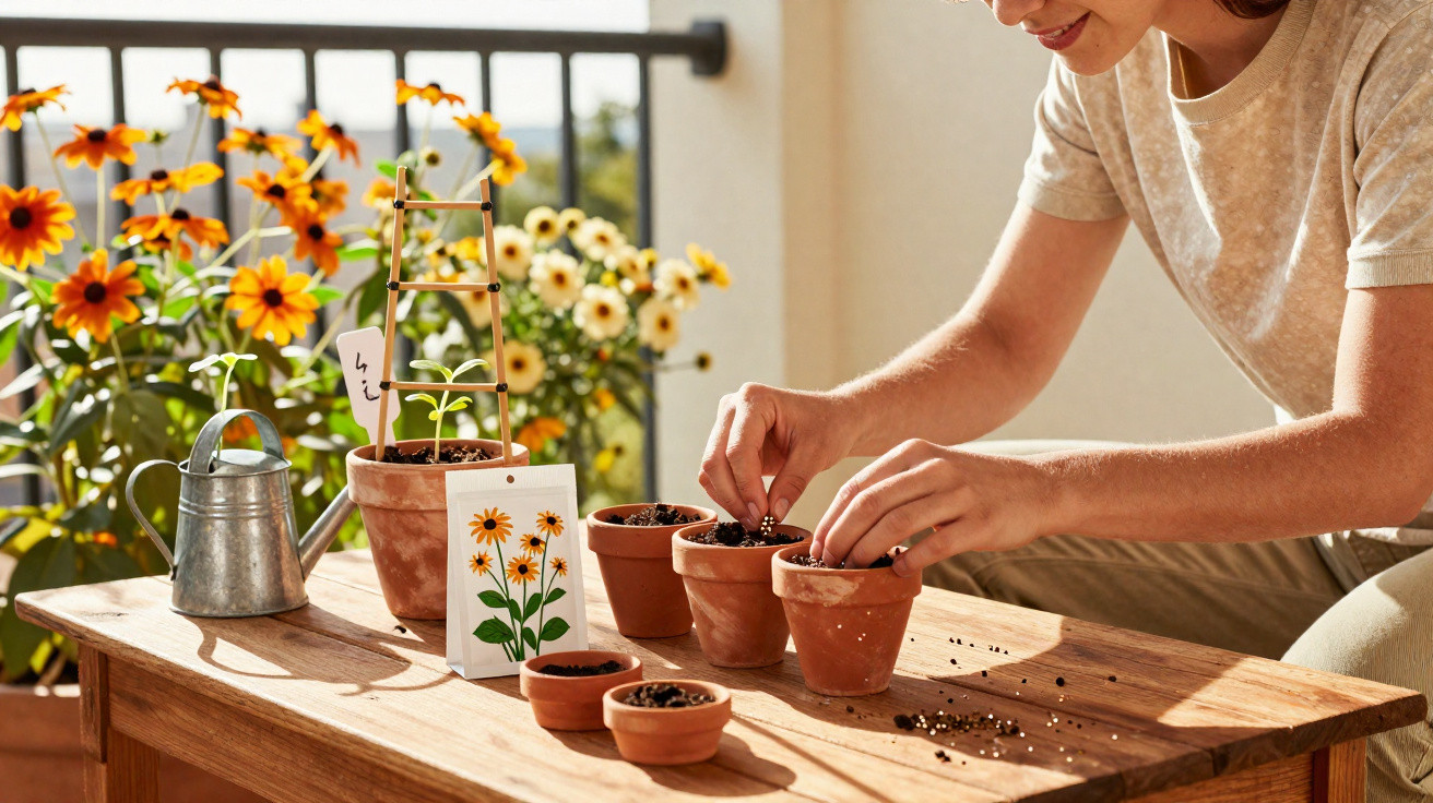Pessoa plantando sementes em vasos pequenos na varanda com flores ao fundo.
