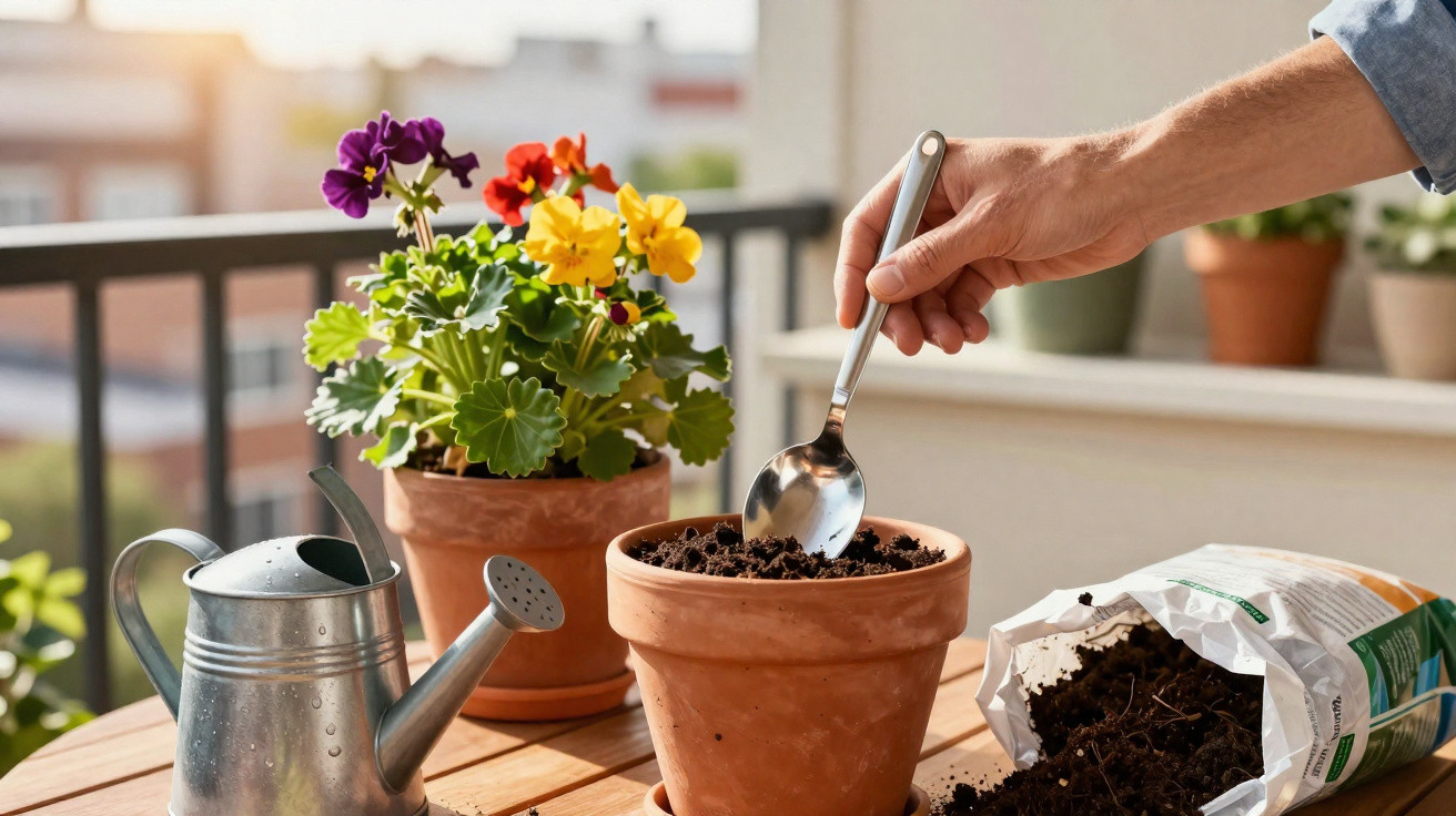 Pessoa usando colher para plantar em vaso com terra, regador e flores coloridas ao fundo na varanda.