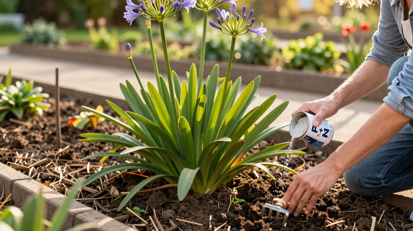 Pessoa aplicando fertilizante em planta com flores roxas em canteiro de jardim ensolarado.