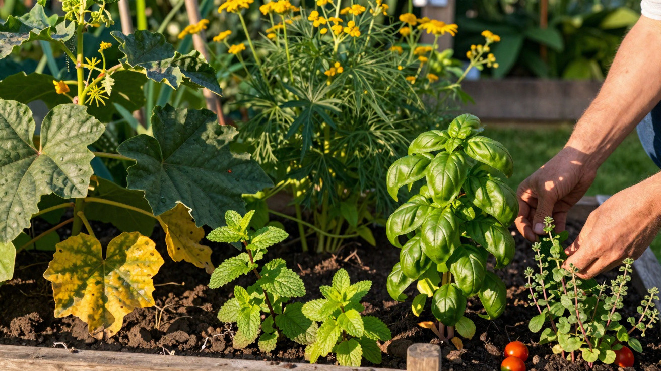 Mãos cuidando de plantas variadas, incluindo manjericão, hortelã e tomatinhos em horta caseira.