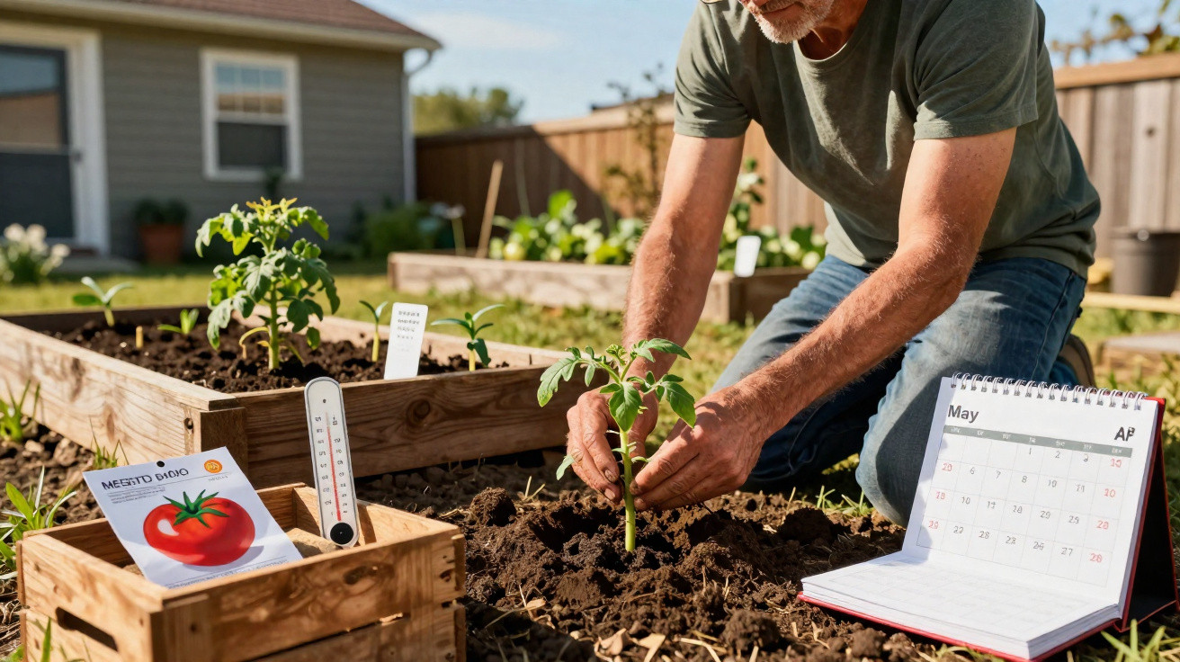 Homem plantando muda de tomate no jardim com calendário e semente ao redor em dia ensolarado de maio.