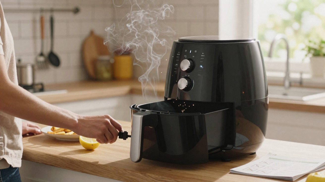 Pessoa retirando cesta de air fryer preta fumegante em cozinha iluminada e moderna