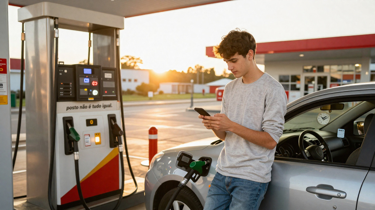 Jovem usando celular enquanto abastece carro em posto de combustível ao entardecer.