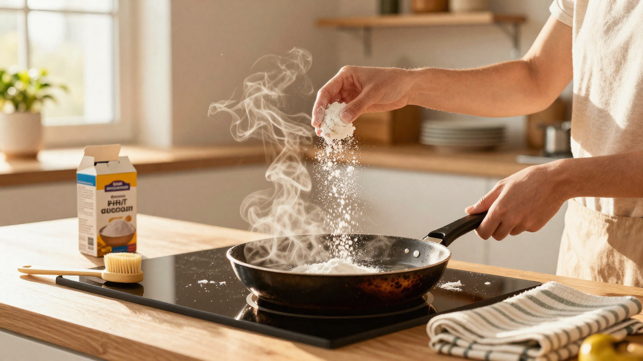 Pessoa adicionando farinha em frigideira com vapor em fogão elétrico em cozinha iluminada.