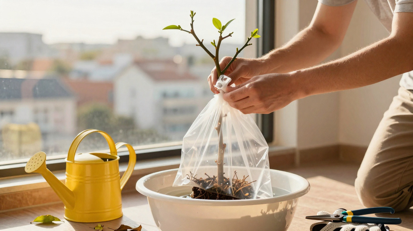 Pessoa transplantando muda de planta em vaso branco próximo a regador amarelo e ferramentas.