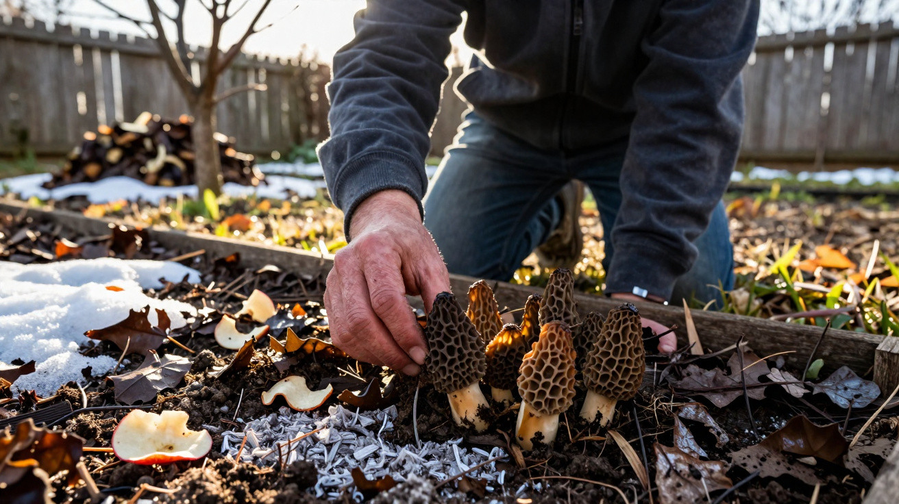 Pessoa colhendo cogumelos amarelos com chapéu marrom em jardim com folhas secas e neve derretida.