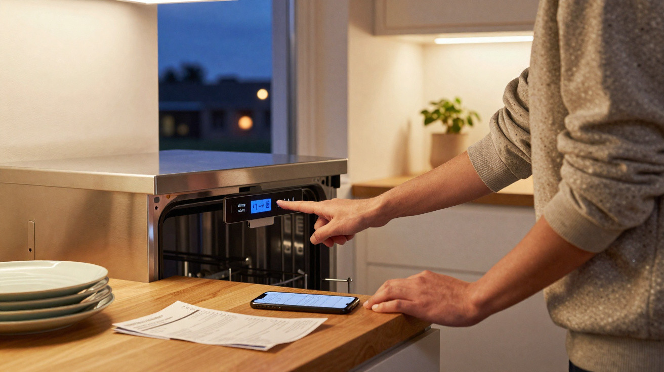Pessoa ajustando o painel digital de um eletrodoméstico prateado na cozinha moderna durante a noite.