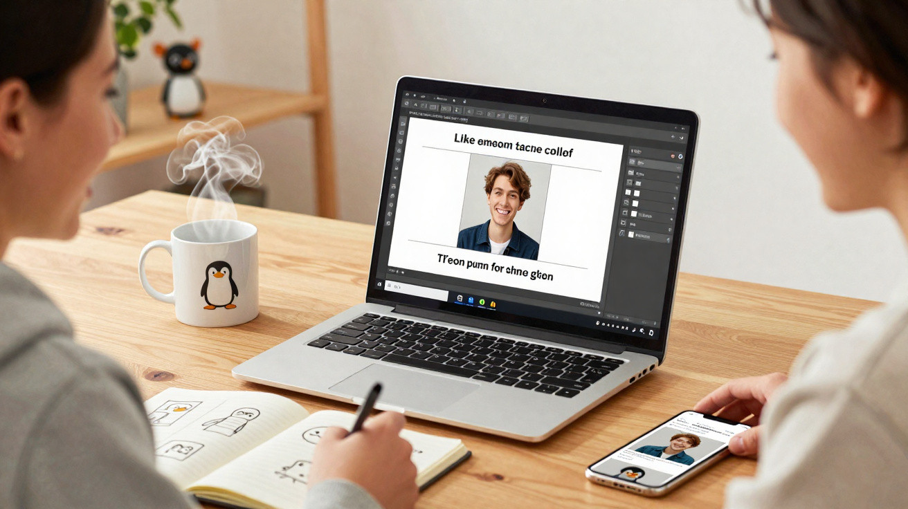 Duas mulheres sentadas à mesa com laptop e celular, criando um design gráfico com retrato masculino.