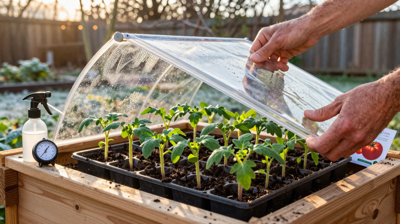 Mãos abrindo mini estufa com mudas jovens de plantas verdes em jardim ensolarado.