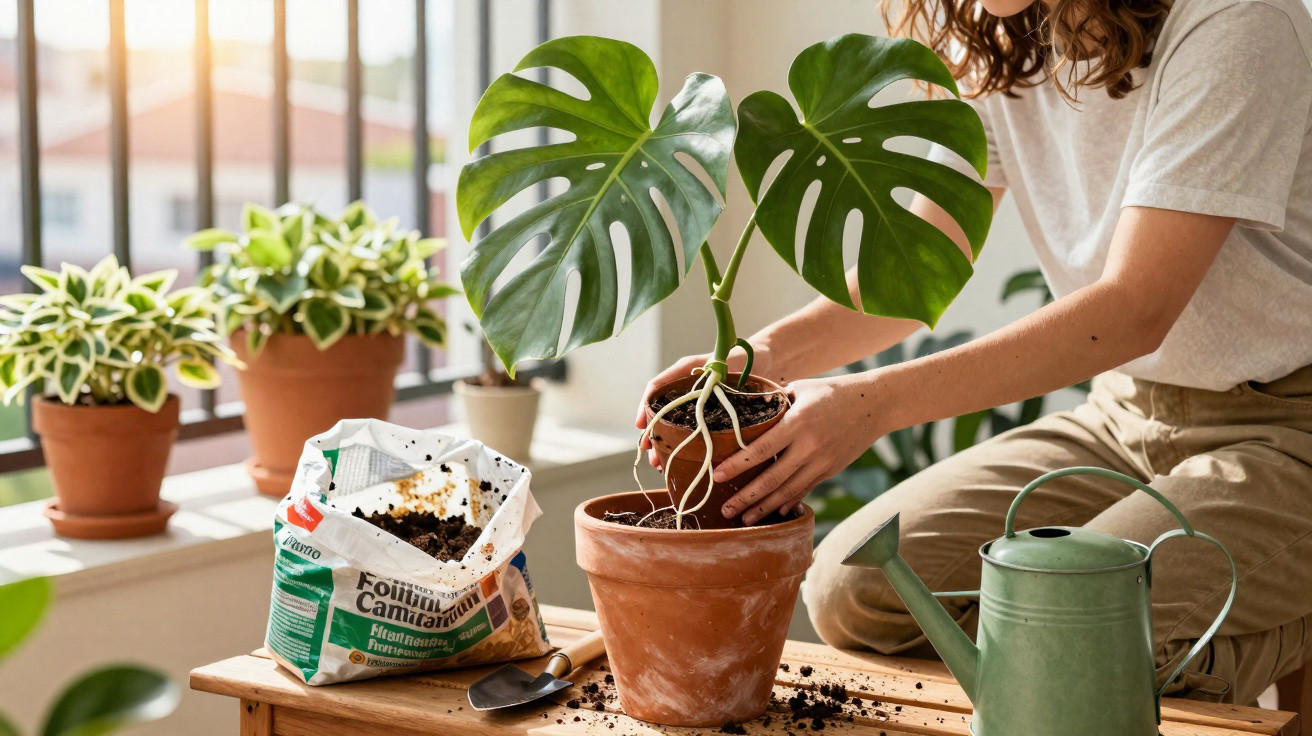 Pessoa transplantando planta monstera em vaso de barro em ambiente iluminado com regador e terra ao redor.