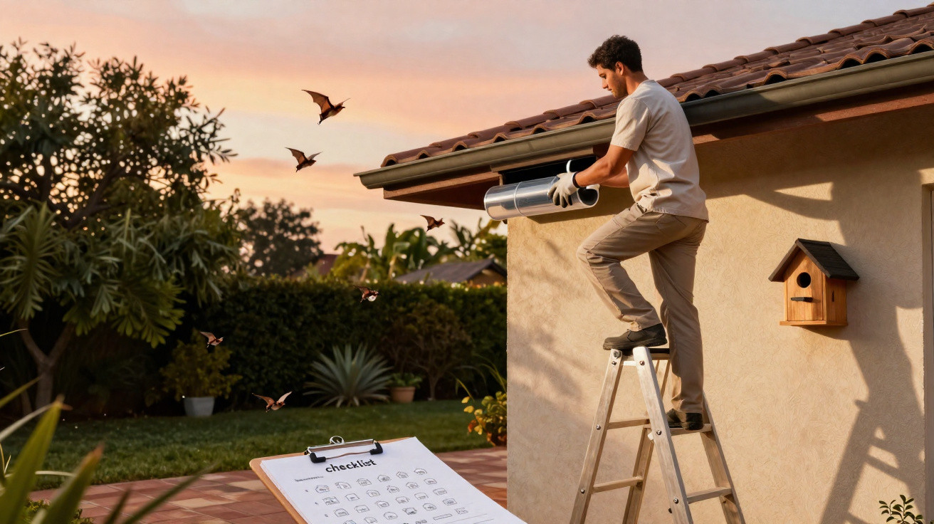 Homem em escada instalando câmera de segurança na parede externa ao pôr do sol.