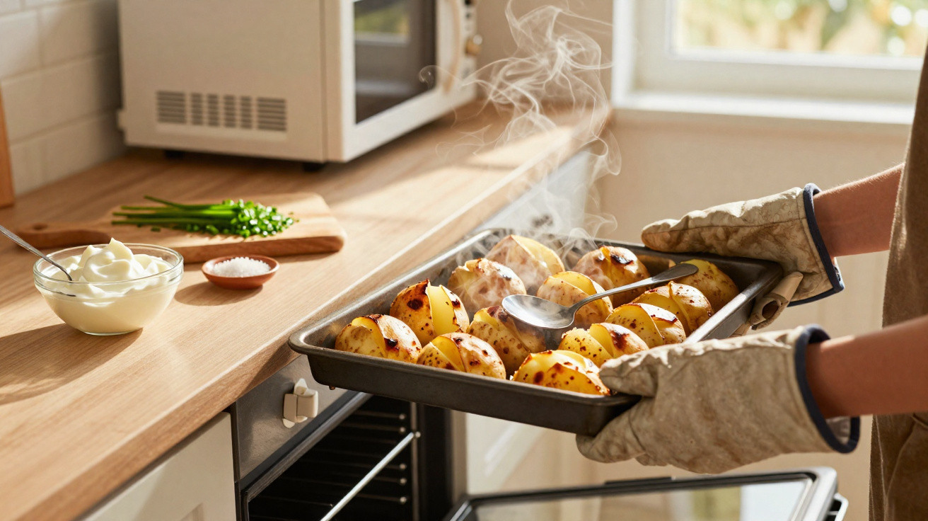 Pessoa tirando do forno assadeira com batatas assadas fumegantes em cozinha iluminada.