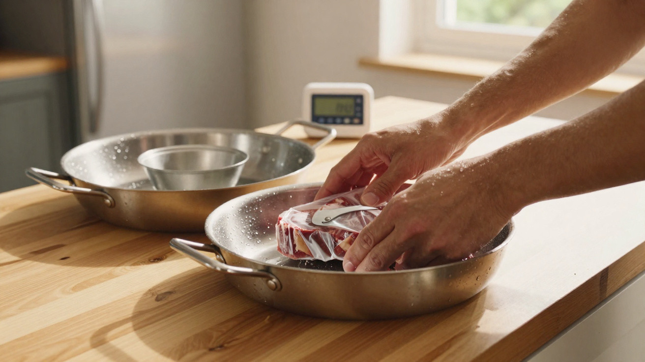 Mãos colocando carne embalada em saco plástico dentro de recipiente com água para descongelar.