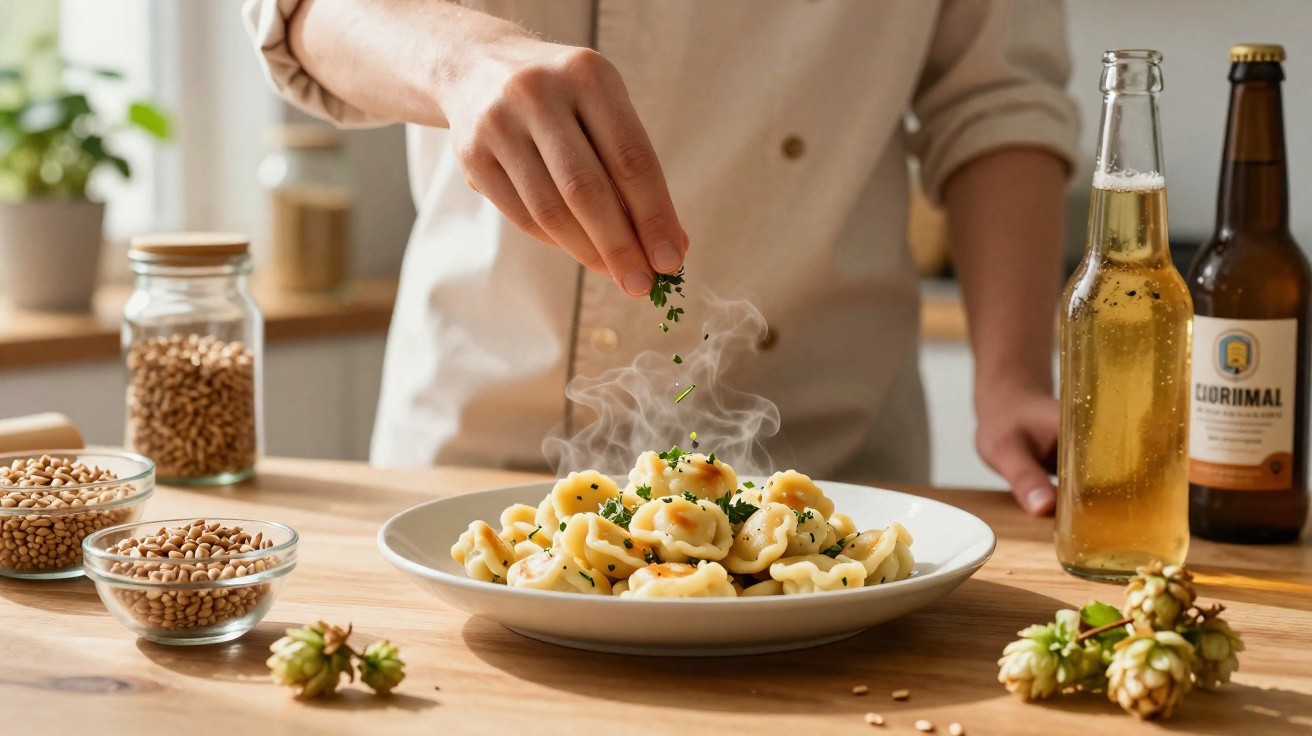 Pessoa temperando prato de tortellini fumegante com ervas frescas em cozinha iluminada.
