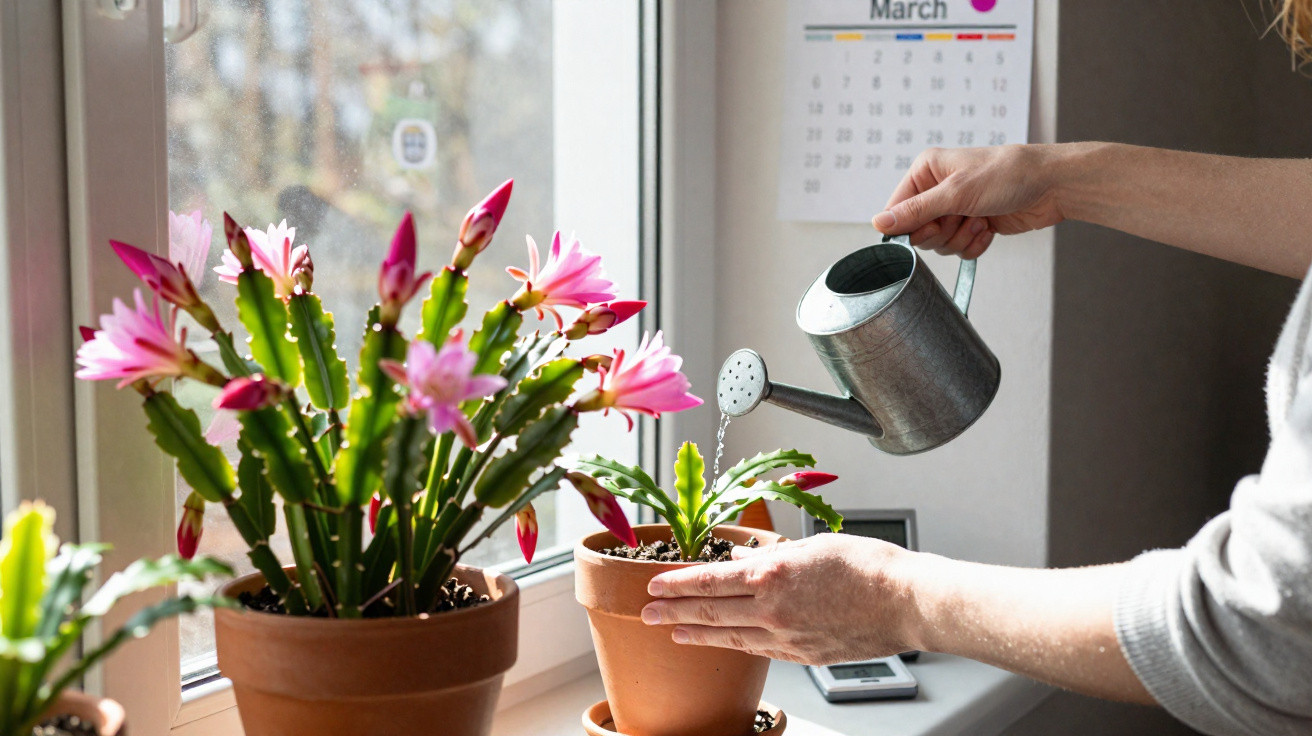 Pessoa regando plantas suculentas em vasos de barro perto de janela com calendário na parede.