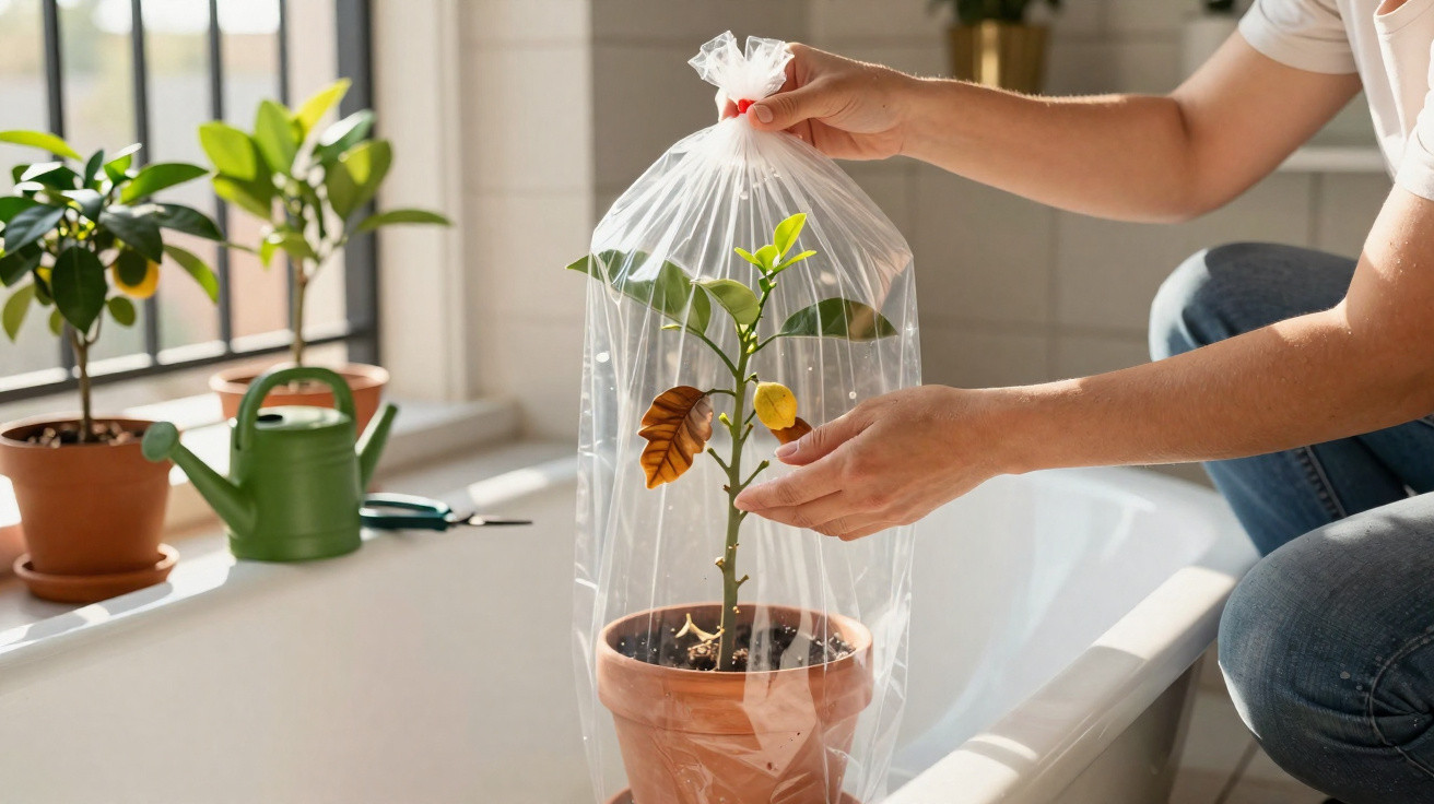 Pessoa cobrindo planta jovem em vaso com saco plástico para proteção em banheira iluminada.