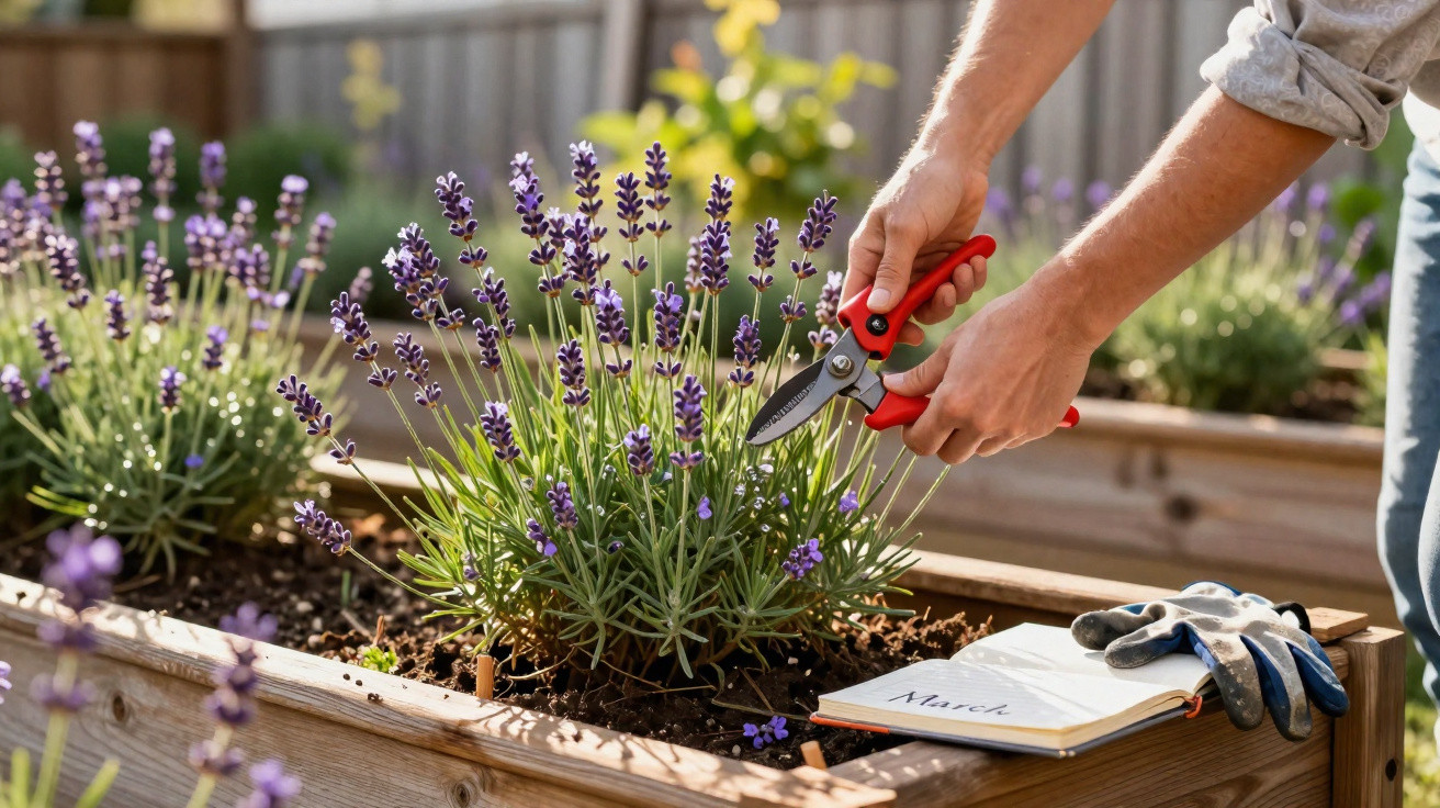 Pessoa utilizando tesoura para podar lavanda em canteiro de madeira com caderno e luvas ao lado.