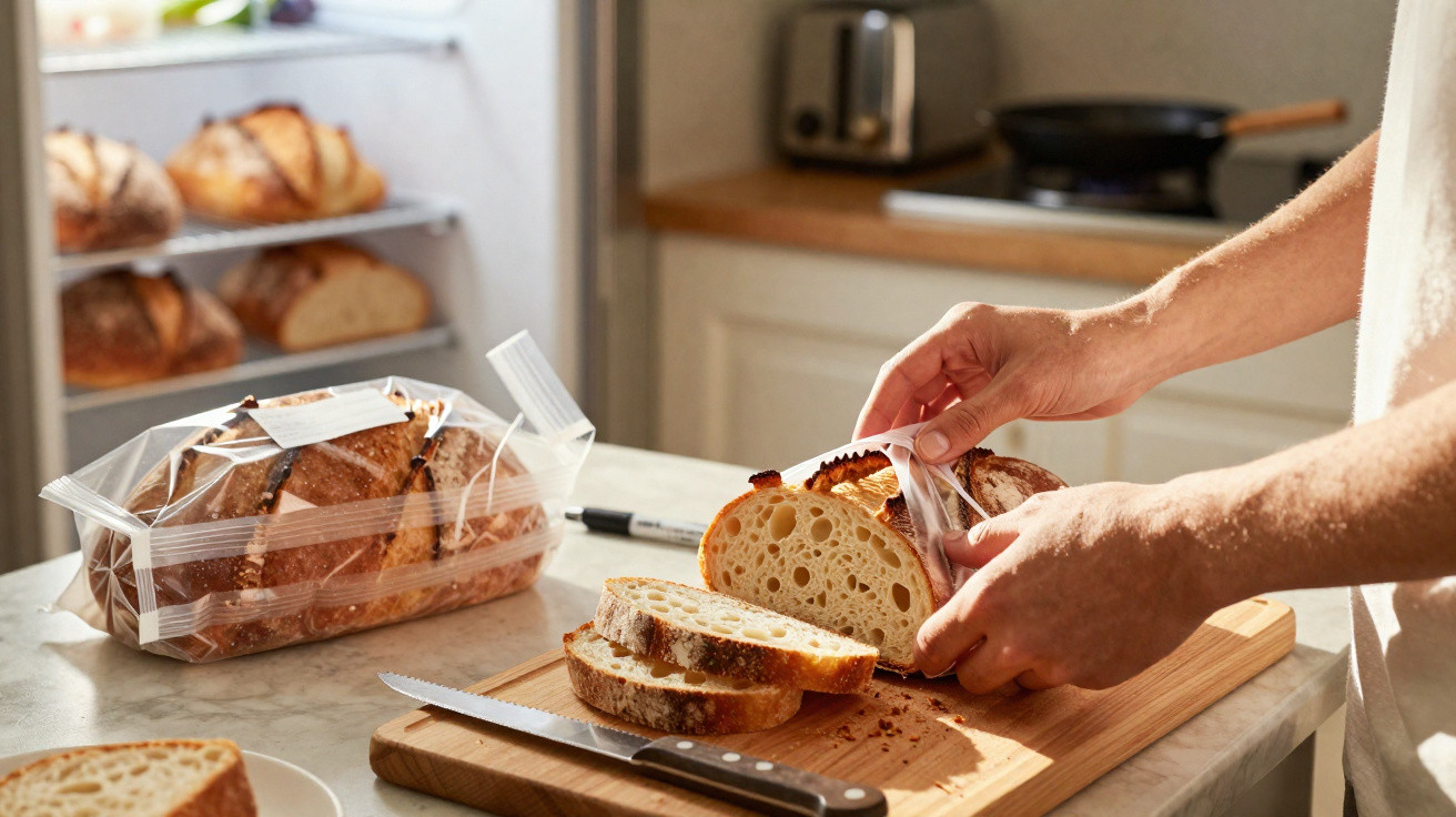 Pessoa embalando pão fatiado sobre tábua de corte em cozinha com bancada e forno ao fundo.