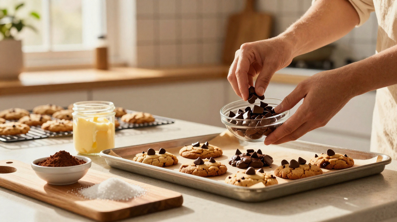 Pessoa adiciona gotas de chocolate em biscoitos assados sobre assadeira na cozinha iluminada.