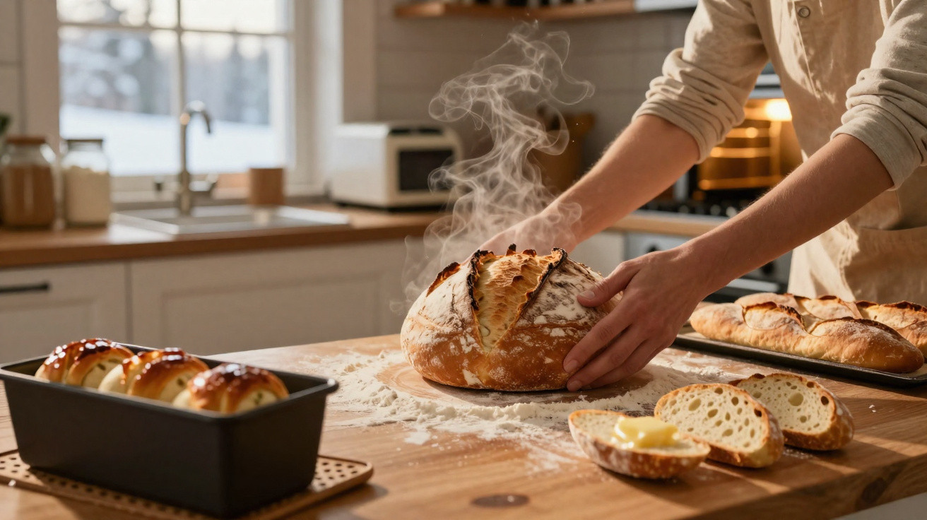 Pessoa segurando pão artesanal quente e fumegante sobre mesa com pães fatiados e outros pães assados.