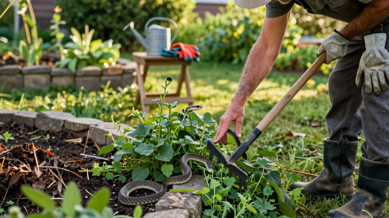 Pessoa utilizando enxada para afastar cobra em jardim com plantas verdes e solo úmido.