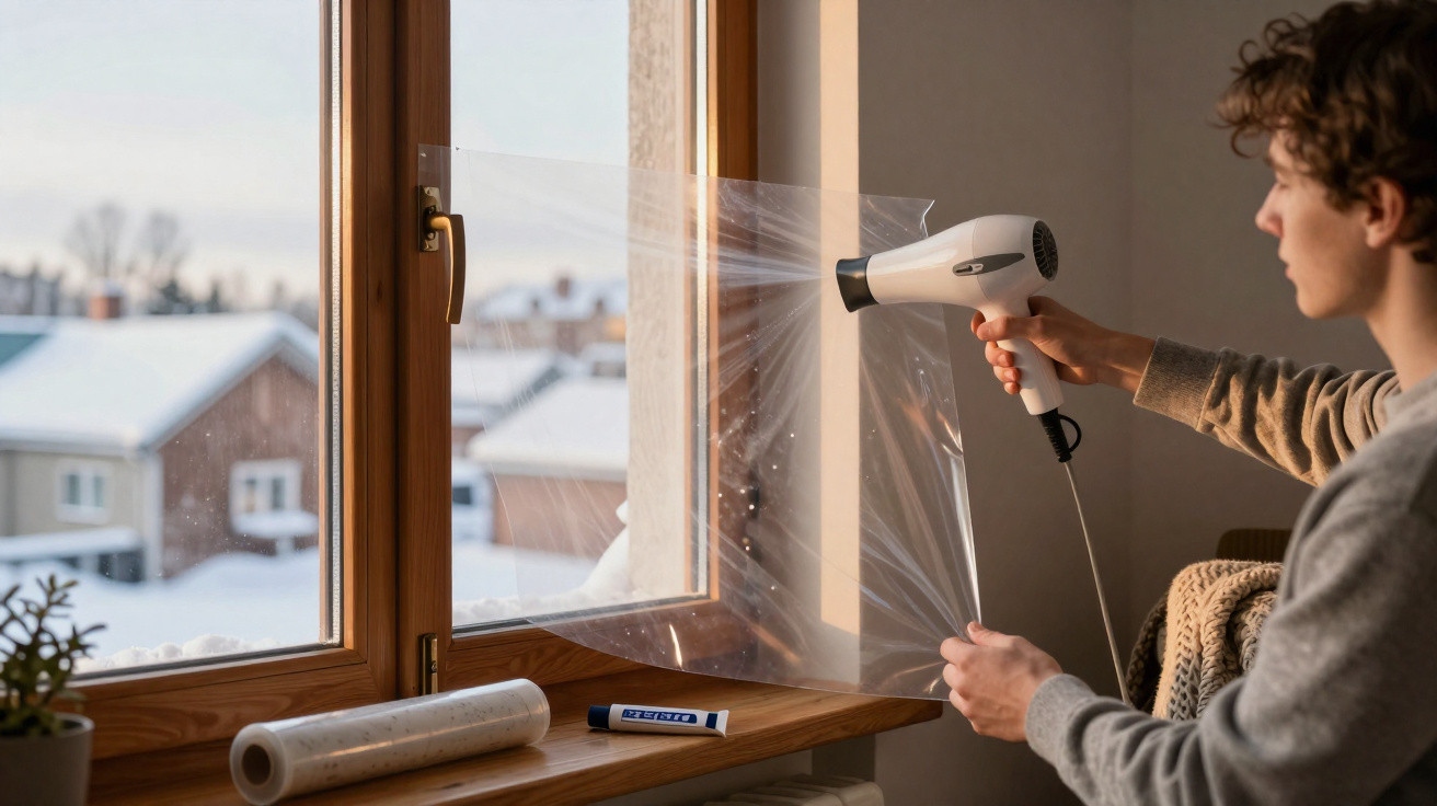 Pessoa aplicando plástico filme transparente em janela com secador de cabelo no interior de casa.
