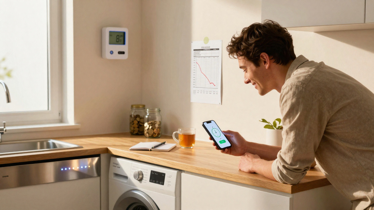 Homem em cozinha usando app no celular para monitorar economia de energia com gráfico de consumo na parede.