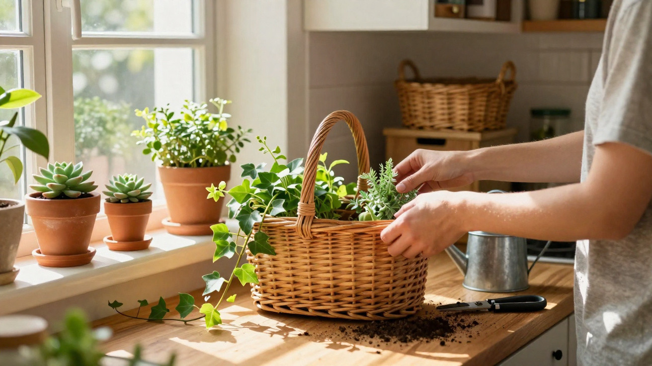 Pessoa cuidando de plantas em cesta de vime na bancada de cozinha iluminada por janela.