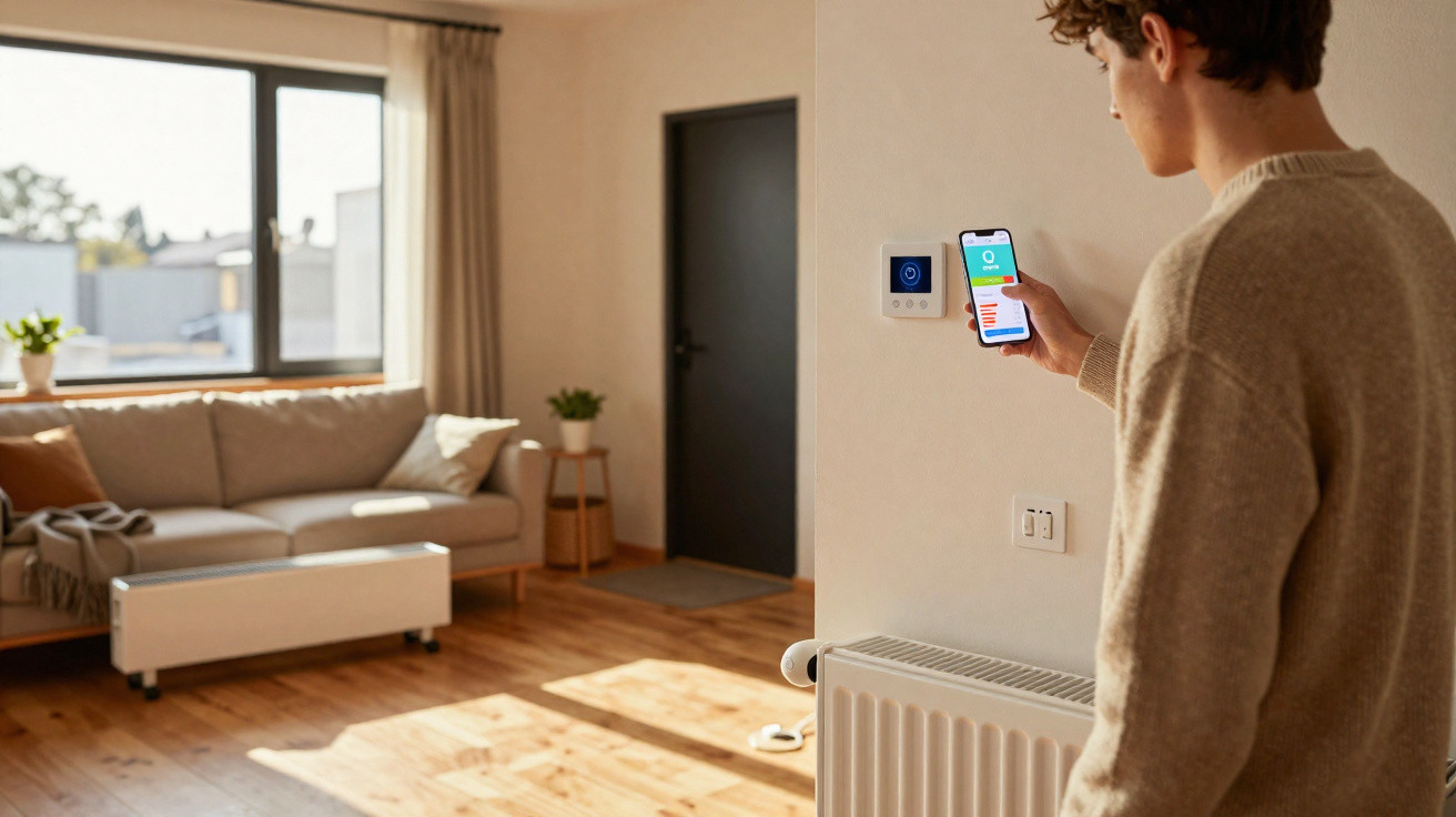 Homem ajustando termostato inteligente com celular em sala de estar iluminada.