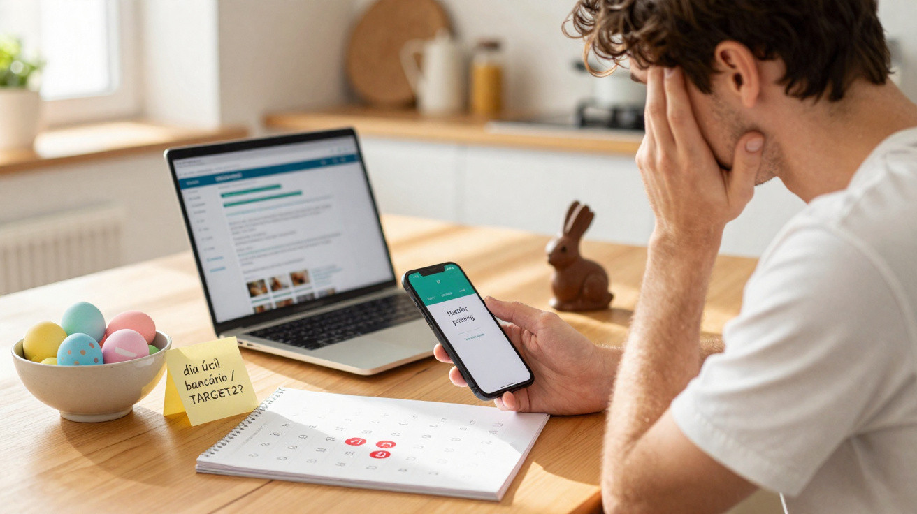 Homem preocupado ao olhar para celular e calendário, em mesa com laptop e ovos de Páscoa coloridos.