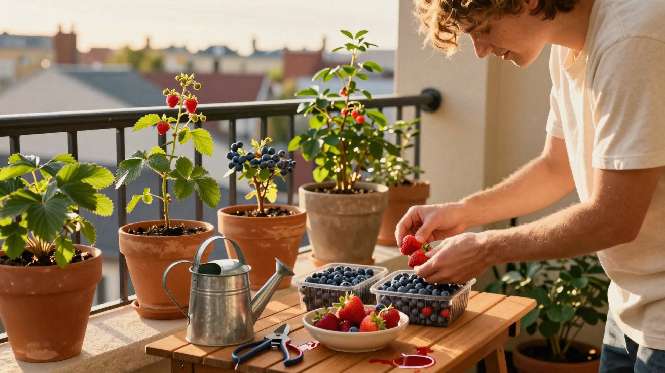 Jovem colhendo frutas vermelhas em vasos na varanda ensolarada com regador e tesoura na mesa de madeira.