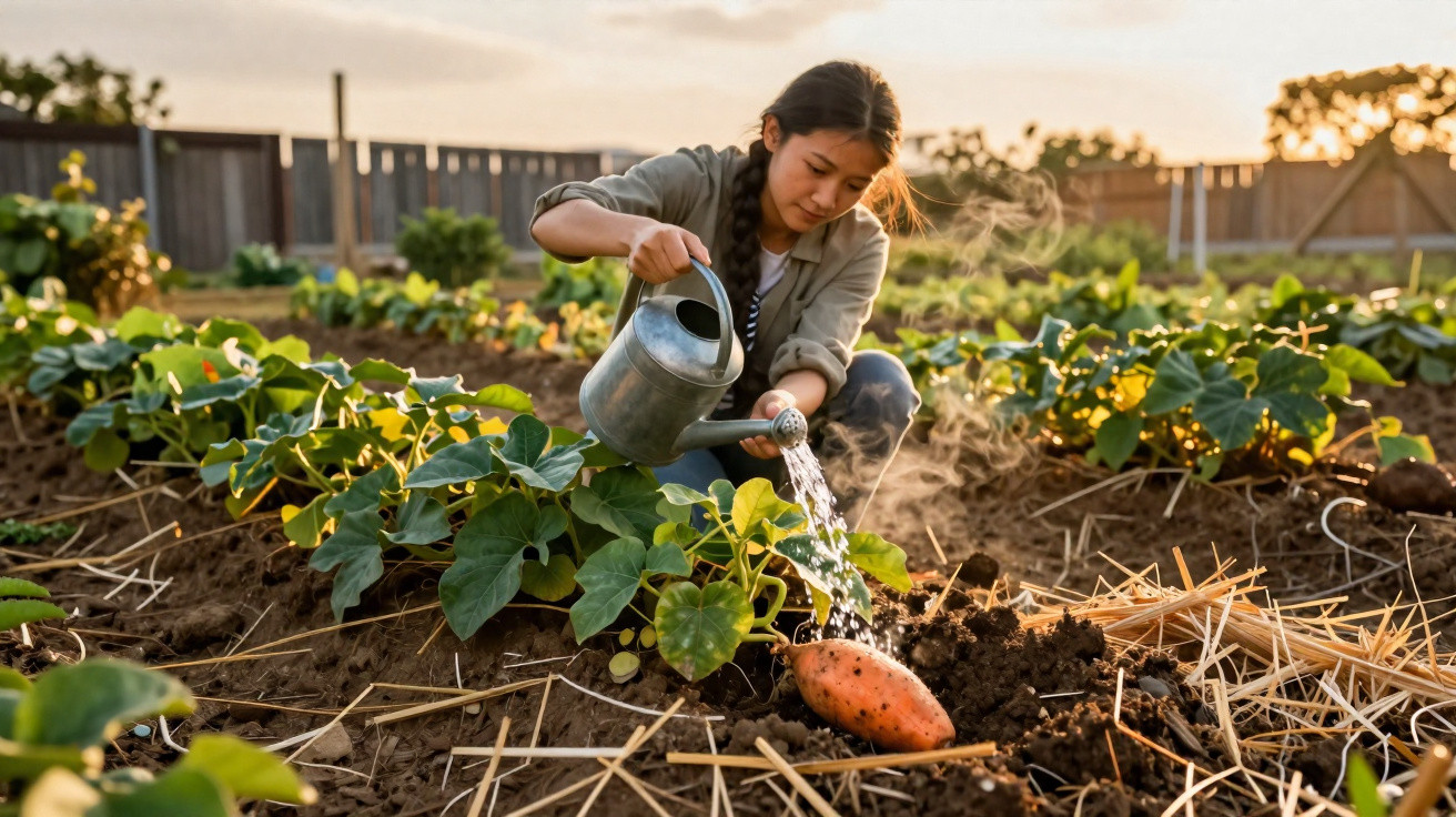Mulher regando plantas em horta com regador metálico ao entardecer.