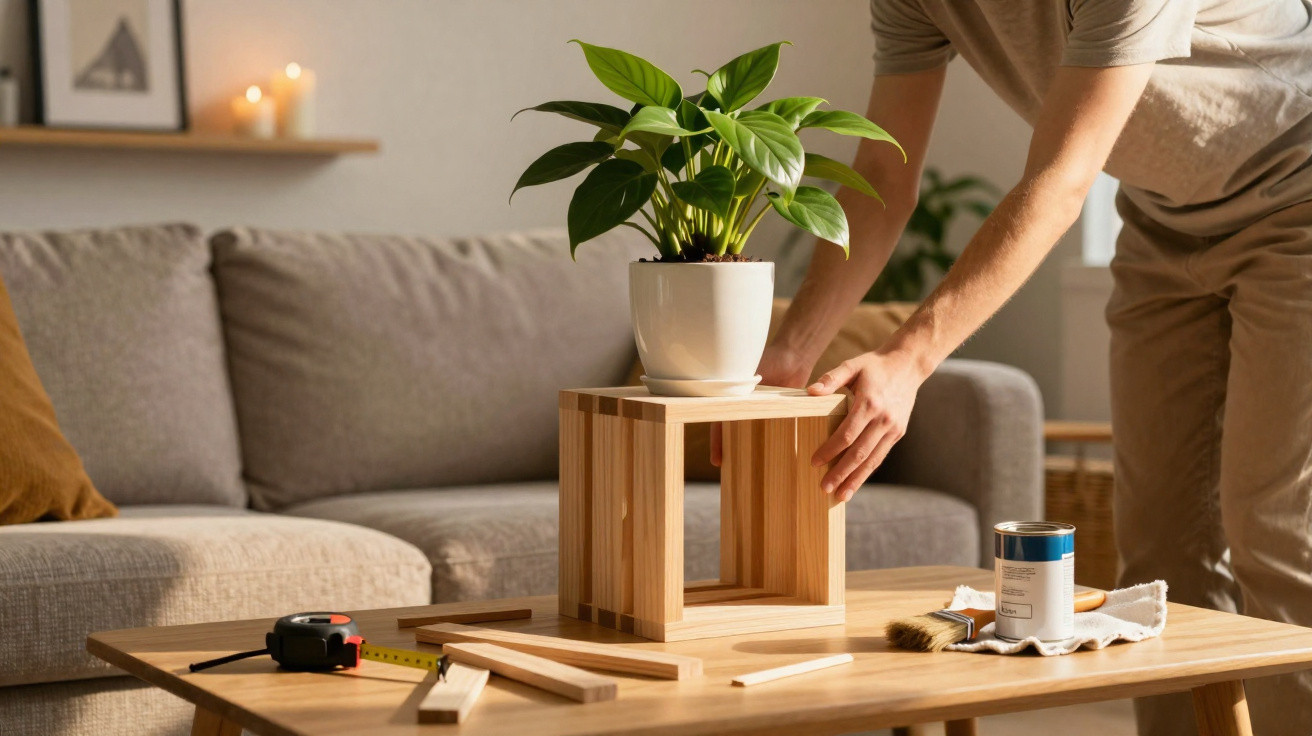 Pessoa montando móvel de madeira em sala com vaso de plantas e ferramentas sobre mesa de centro.