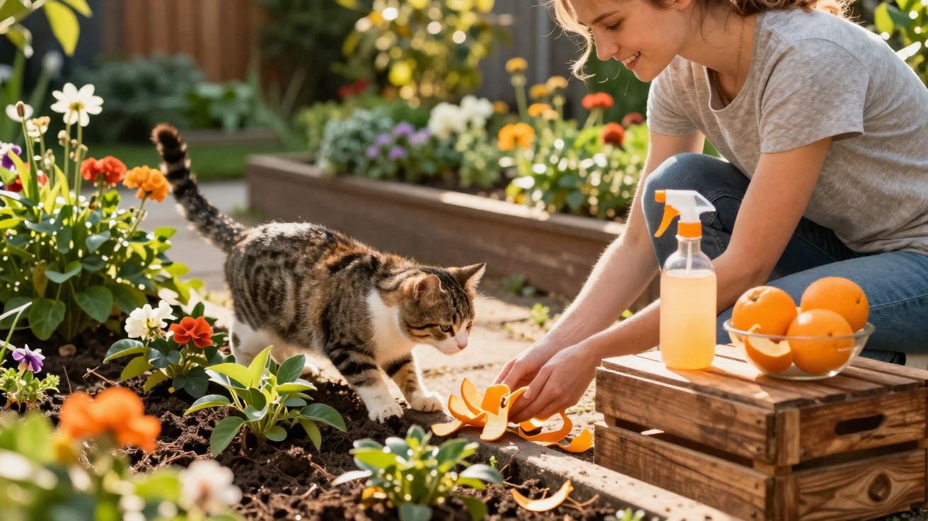 Mulher alimentando gato com cascas de laranja em jardim florido sob luz do sol.